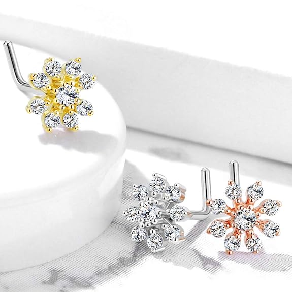 LukGud Stainless Steel Flower Design No-Tarnish No-Rusting Nose Pin Stud For Women and Girls