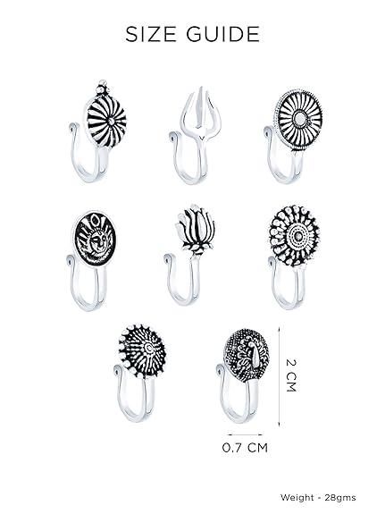 LukGud Traditional Silver Oxidised Nose Pin Without Piercing Floral Shaped