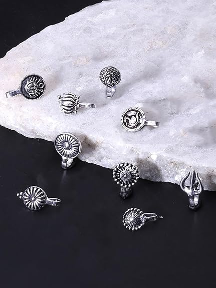 LukGud Traditional Silver Oxidised Nose Pin Without Piercing Floral Shaped
