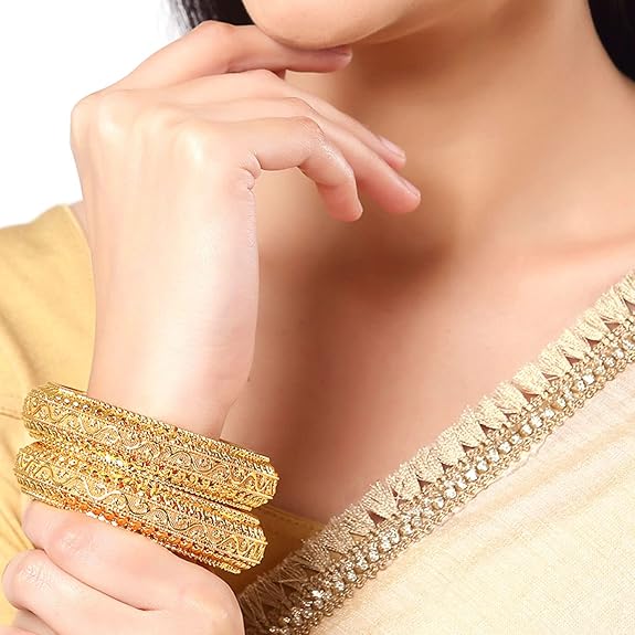 LukGud Silver-Plated Classic Intricate Textured Bangles Jewellery Set for Girls and Women -Set Of 4
