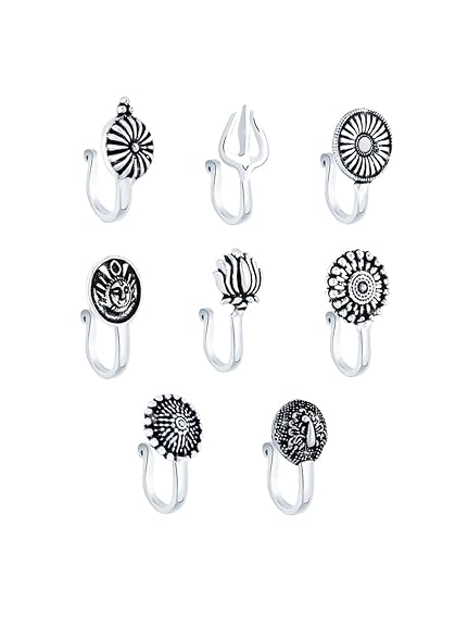 LukGud Traditional Silver Oxidised Nose Pin Without Piercing Floral Shaped