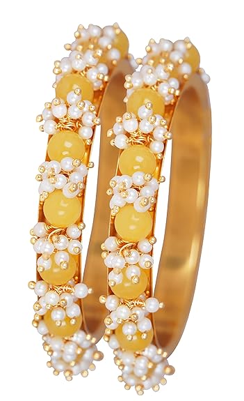 LukGud Less Fashion Gold Plated Cluster Pearl Beads Bangle Set for Women and Girls (Set of 2)