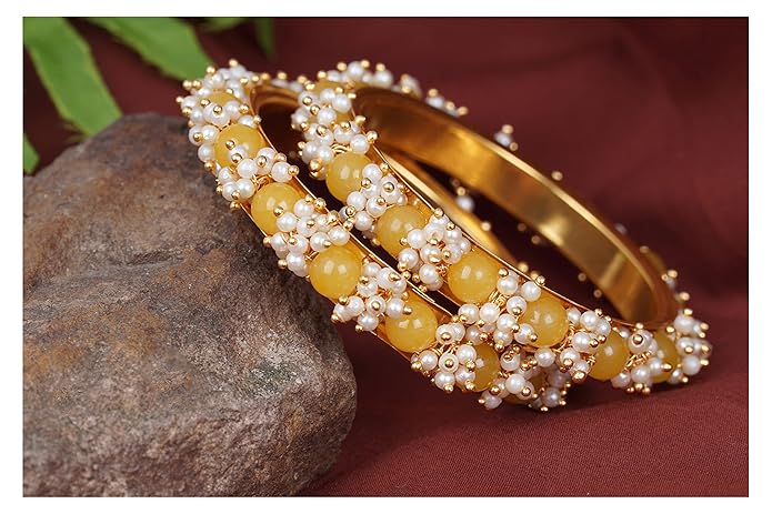 LukGud Less Fashion Gold Plated Cluster Pearl Beads Bangle Set for Women and Girls (Set of 2)