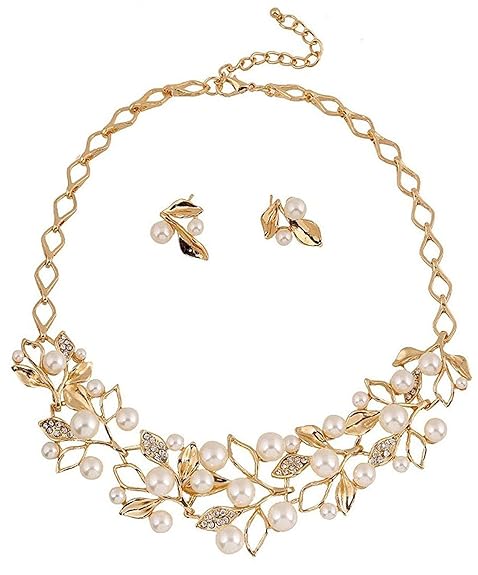 LukGud Gold Plated Pearl Necklace Set/Jewellery Set with Fancy Earrings for Girls/Women