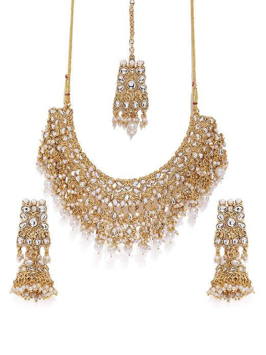 LukGud Gold Tone Kundan & Pearls Bridal Choker Necklace Set For Women