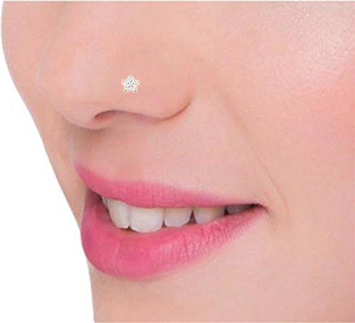 LukGud terling Silver Flower Round-Shape Cubic-Zirconia Prong-Setting Nose Pin Stud for Women Girls