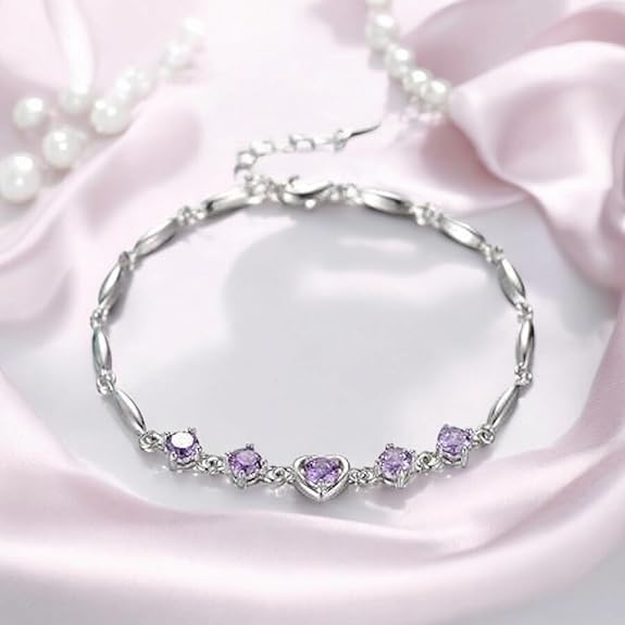 LukGud Silver Plated Heart Shape Designed Charm Bracelet for Women (Pack of 1,Purple)