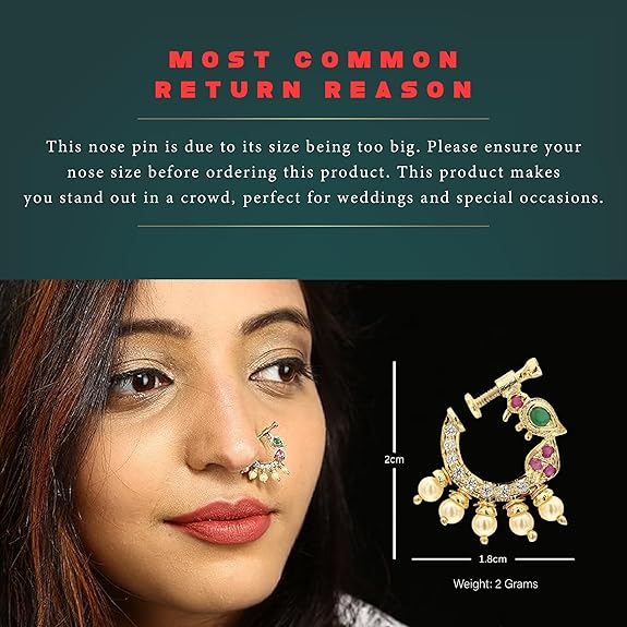 LukGud Present Peacock Design Non-Piercing Screw Press Nose Pin For Women And Girls