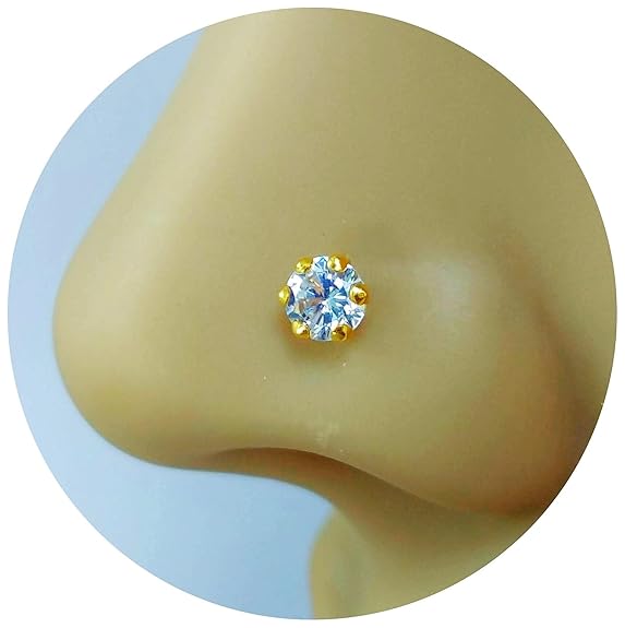 LukGud Yellow Gold 14Kt Single Diamond Nose pin For Women and Girl