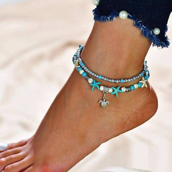 LukGud Jewellery Shell Starfish Beads Charms Stylish Chain Anklet for Women and Girls