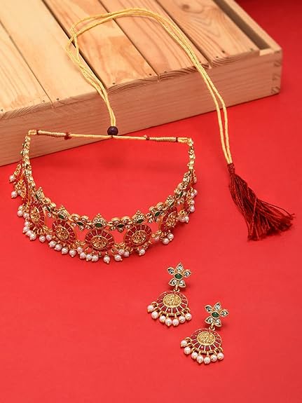 LukGud Gold Tone Traditional Temple Choker Necklace Set For Women