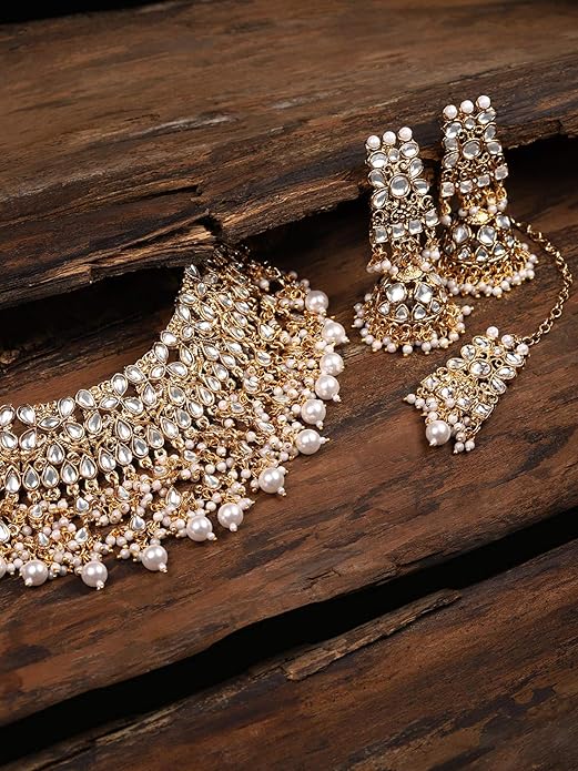 LukGud Gold Tone Kundan & Pearls Bridal Choker Necklace Set For Women