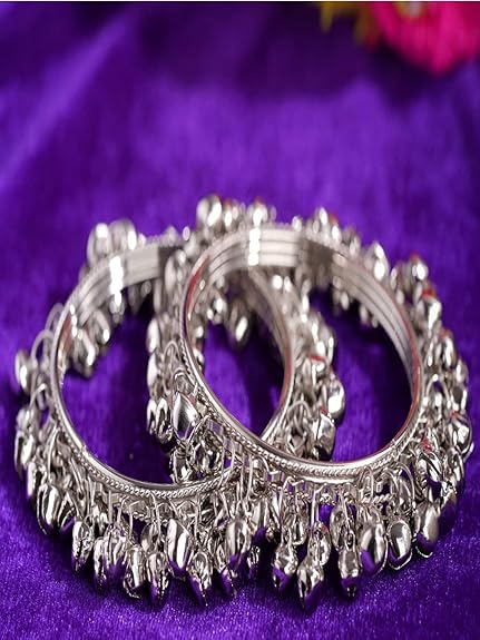 LukGud Stylish Traditional Ghungroo Bangles for Women Silver Plated Set of 2