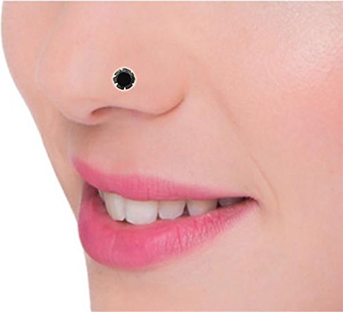 LukGud Sterling Silver Round Shape Black Cubic Zirconia Prong Setting Nose Pin Stud for Women Girls
