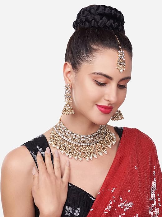 LukGud Gold Tone Kundan & Pearls Bridal Choker Necklace Set For Women