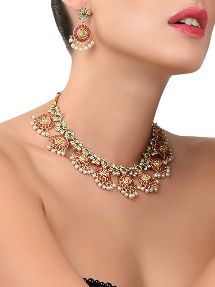 LukGud Gold Tone Traditional Temple Choker Necklace Set For Women