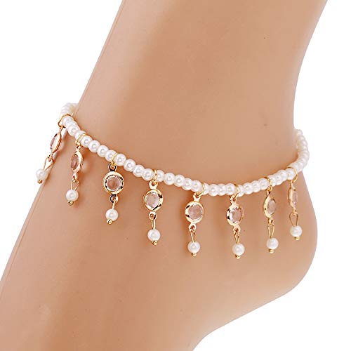 LukGud Latest Fashion Crystal Tassels Peal String 2 PC Stretchable Anklet for Women and Girls