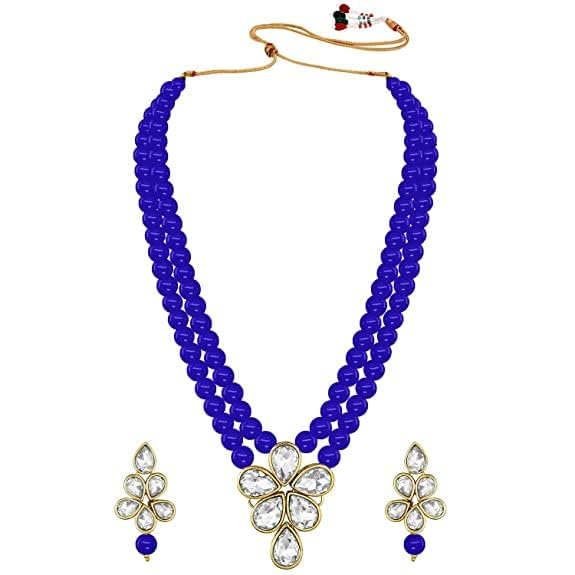 LukGud 18k Gold Plated Traditional Kundan & Pearl Studded Necklace Jewellery Set For Women
