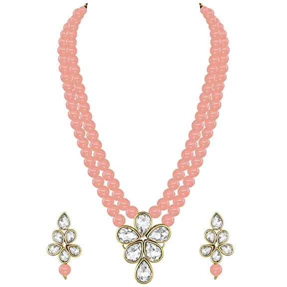 LukGud 18k Gold Plated Traditional Kundan & Pearl Studded Necklace Jewellery Set For Women