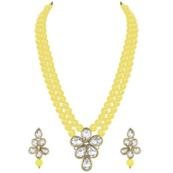 LukGud 18k Gold Plated Traditional Kundan & Pearl Studded Necklace Jewellery Set For Women
