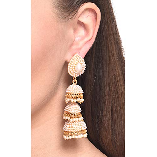 LukGud Earring Gold Plated Pearl Engraved 3 Tier Shoulder Duster Dangle Earrings Jewellery For Girl And Women