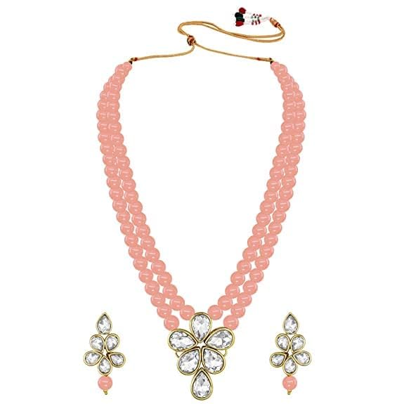 LukGud 18k Gold Plated Traditional Kundan & Pearl Studded Necklace Jewellery Set For Women