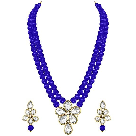 LukGud 18k Gold Plated Traditional Kundan & Pearl Studded Necklace Jewellery Set For Women