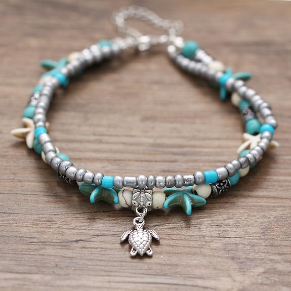 LukGud Jewellery Shell Starfish Beads Charms Stylish Chain Anklet for Women and Girls