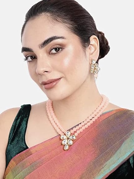 LukGud 18k Gold Plated Traditional Kundan & Pearl Studded Necklace Jewellery Set For Women