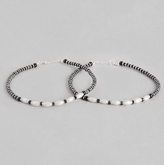 LukGud Silver Designer Black Rhodium Plated Adjustable Beaded Anklet (Pair) | Gift for Women & Girls |