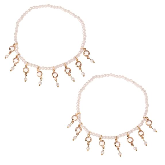 LukGud Latest Fashion Crystal Tassels Peal String 2 PC Stretchable Anklet for Women and Girls