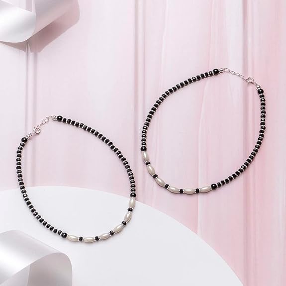 LukGud Silver Designer Black Rhodium Plated Adjustable Beaded Anklet (Pair) | Gift for Women & Girls |