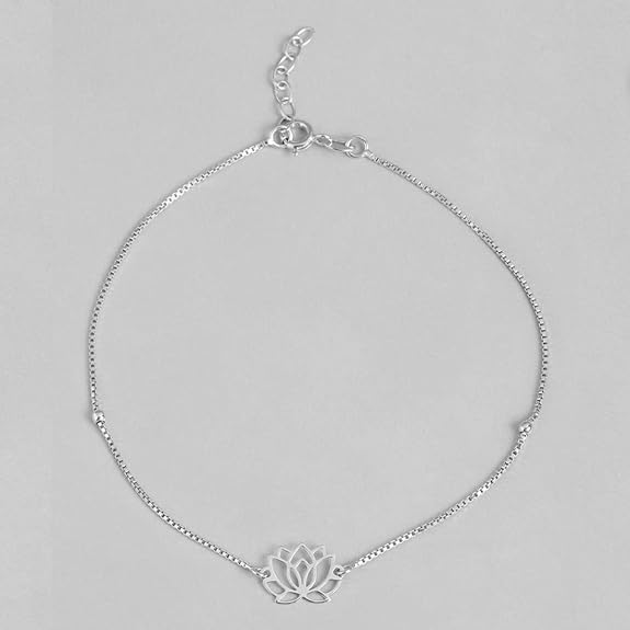 LukGud Silver Designer Lotus Floral Rhodium Plated Adjustable Chain Anklet (Single) | Gift for Women & Girls