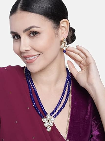 LukGud 18k Gold Plated Traditional Kundan & Pearl Studded Necklace Jewellery Set For Women