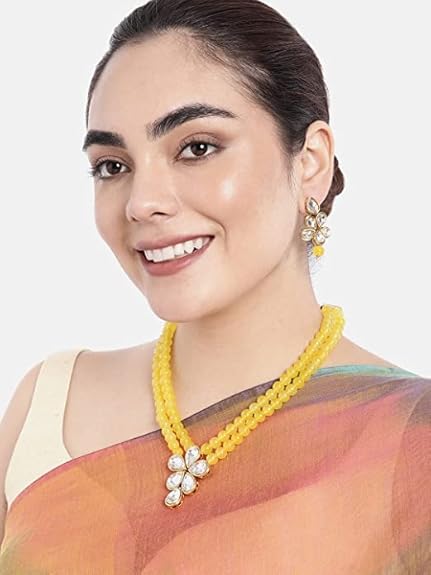 LukGud 18k Gold Plated Traditional Kundan & Pearl Studded Necklace Jewellery Set For Women
