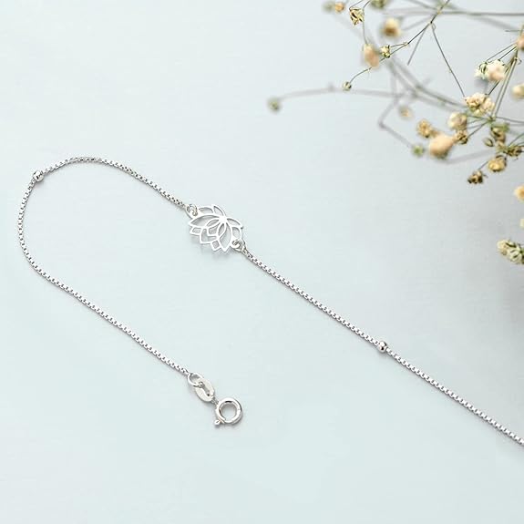 LukGud Silver Designer Lotus Floral Rhodium Plated Adjustable Chain Anklet (Single) | Gift for Women & Girls