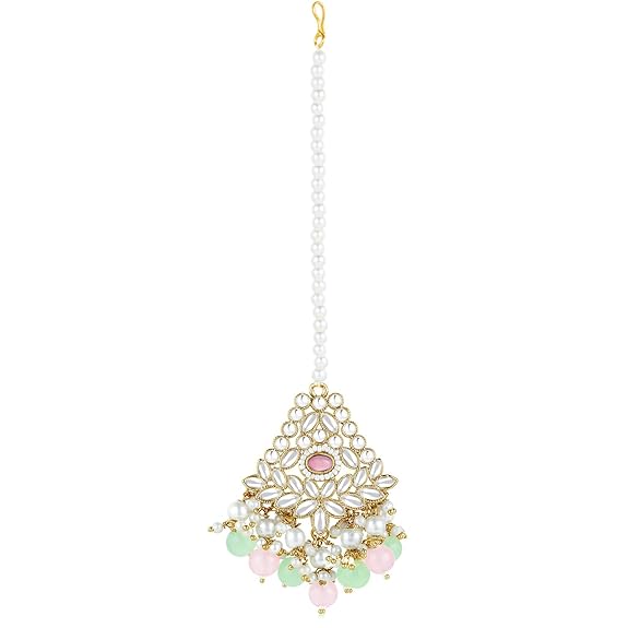LukGud Gold Plated Kundan & Beads Studded Choker Necklace Dangle Earrings & Maangtikka Set Ethnic Jewellery for Women