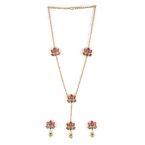 LukGud Gold-Plated Lotus Motif Ruby and Emerald Studded Jewellery Set For Women