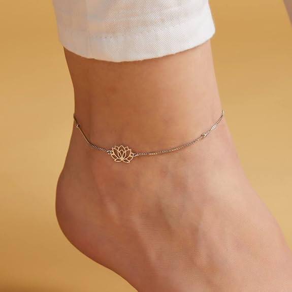 LukGud Silver Designer Lotus Floral Rhodium Plated Adjustable Chain Anklet (Single) | Gift for Women & Girls