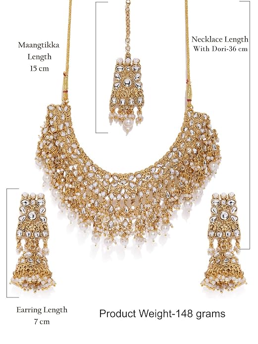 LukGud Gold Tone Kundan & Pearls Bridal Choker Necklace Set For Women