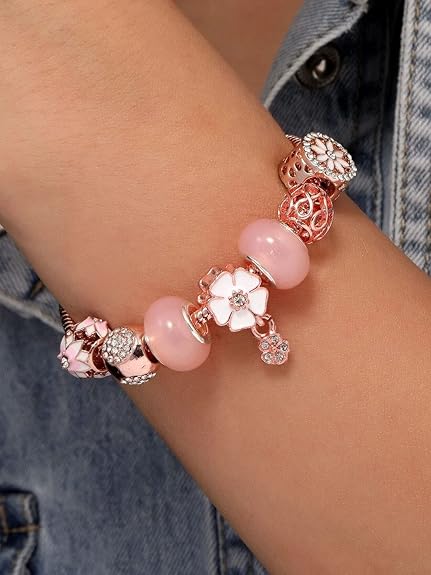 LukGud Silver Rosegold Plated Crystal Pandora Charm Bracelet for Women and Girls