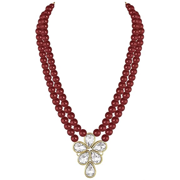 LukGud 18k Gold Plated Traditional Kundan & Pearl Studded Necklace Jewellery Set For Women
