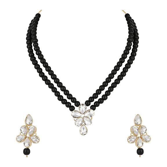 LukGud 18k Gold Plated Traditional Kundan & Pearl Studded Necklace Jewellery Set For Women
