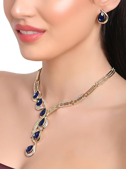 LukGud Stylish Fancy Gold Plated Crystal Earrings Necklace Jewellery Set for Women