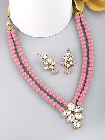 LukGud 18k Gold Plated Traditional Kundan & Pearl Studded Necklace Jewellery Set For Women
