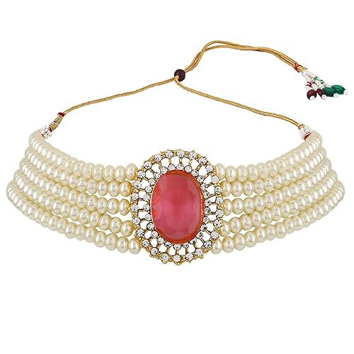 LukGud 18k Gold Plated Latest Stylish Fancy Choker Traditional Pearl Necklace Jewellery Set for Women