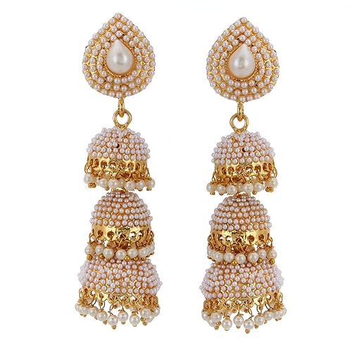 LukGud Earring Gold Plated Pearl Engraved 3 Tier Shoulder Duster Dangle Earrings Jewellery For Girl And Women