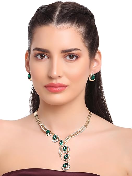 LukGud Stylish Fancy Gold Plated Crystal Earrings Necklace Jewellery Set for Women