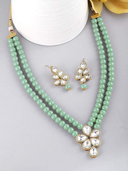 LukGud 18k Gold Plated Traditional Kundan & Pearl Studded Necklace Jewellery Set For Women