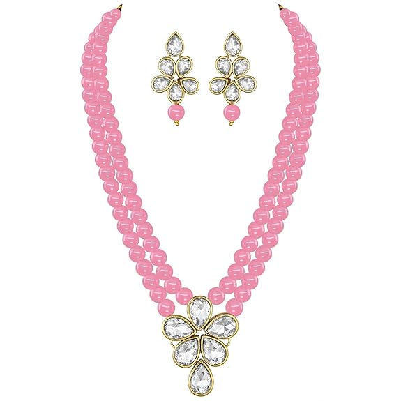 LukGud 18k Gold Plated Traditional Kundan & Pearl Studded Necklace Jewellery Set For Women